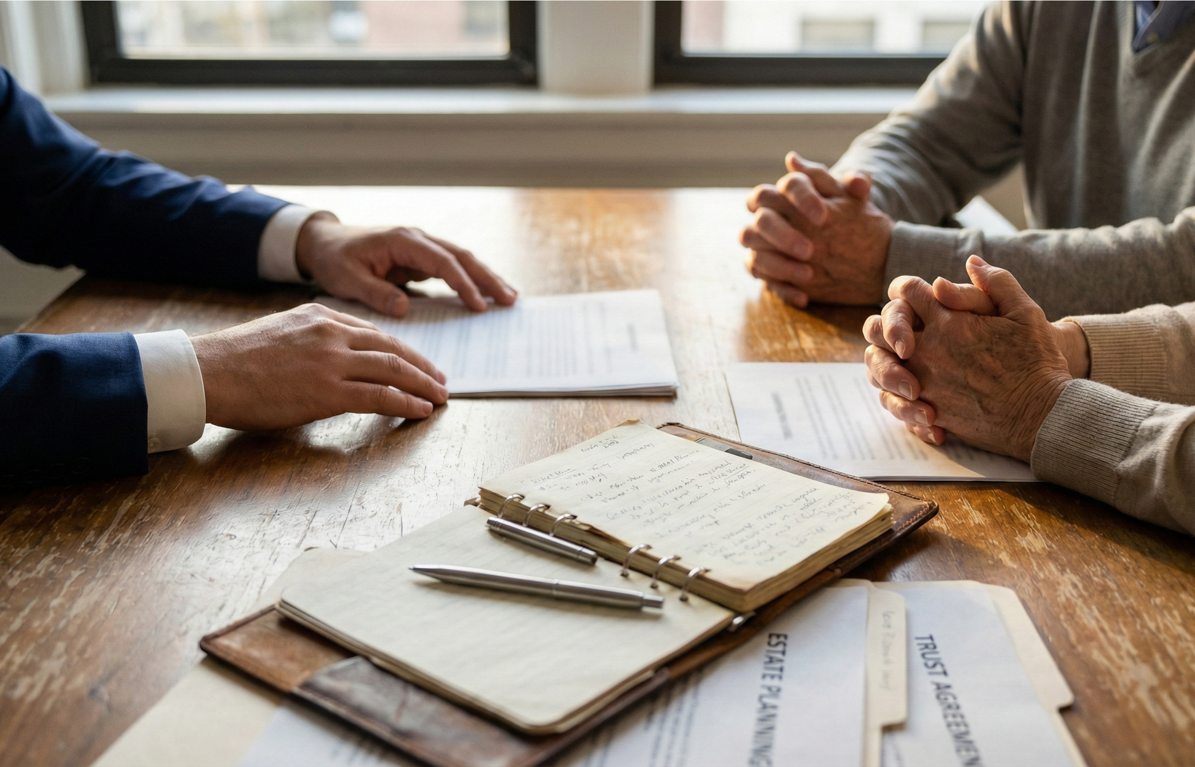 Nahaufnahme auf einem hölzernen Konferenztisch: Die Hände eines Beraters im Anzug liegen ruhig auf Unterlagen, gegenüber halten sich ein älteres Ehepaar an den Händen. In der Mitte liegen ein geöffnetes Notizbuch und ein Stift, umgeben von unscharfen Dokumenten zur Nachlassplanung. Das Bild ist in warmes, natürliches Fensterlicht getaucht und strahlt eine vertrauensvolle Atmosphäre aus.